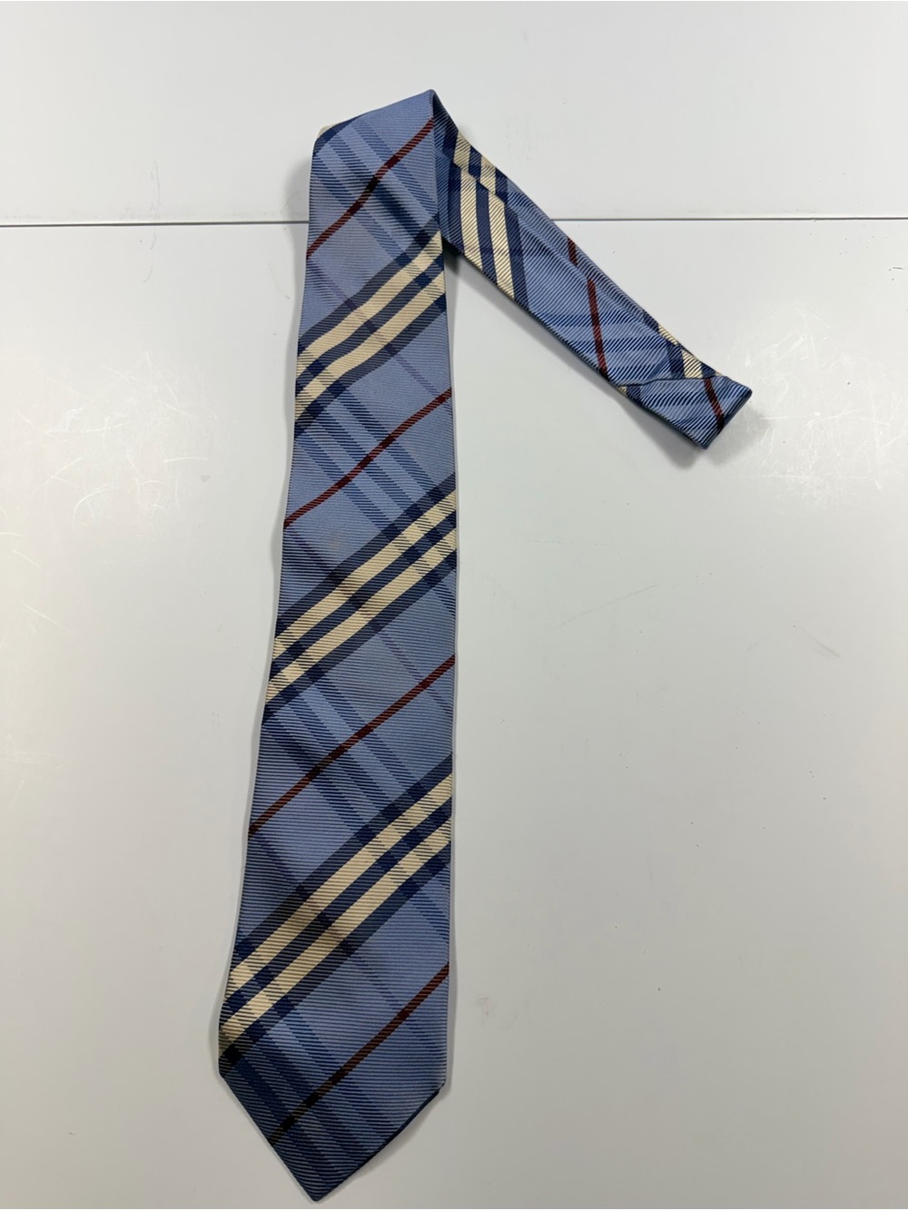 Burberry Light Blue Plaid Silk Tie with Cream and Burgundy Stripes